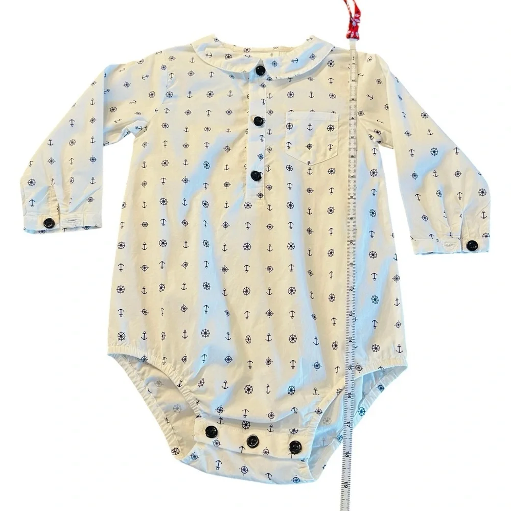 Rachel Riley White Long-Sleeve Nautical Anchor Print One-Piece